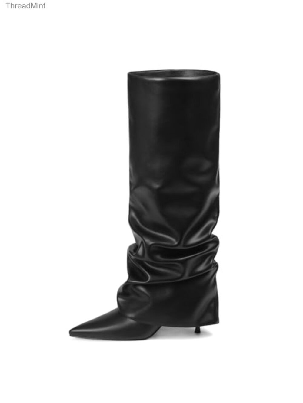 Wide Calf Fold Over Slouch Boots for Women Pointed Stiletto Heel Knee High PU